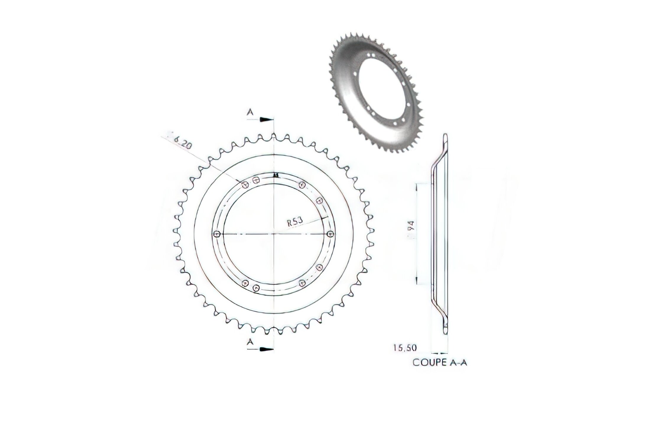 Couronne BTS 45 dents Peugeot 103 SP / MVL (jante tole d.94mm)