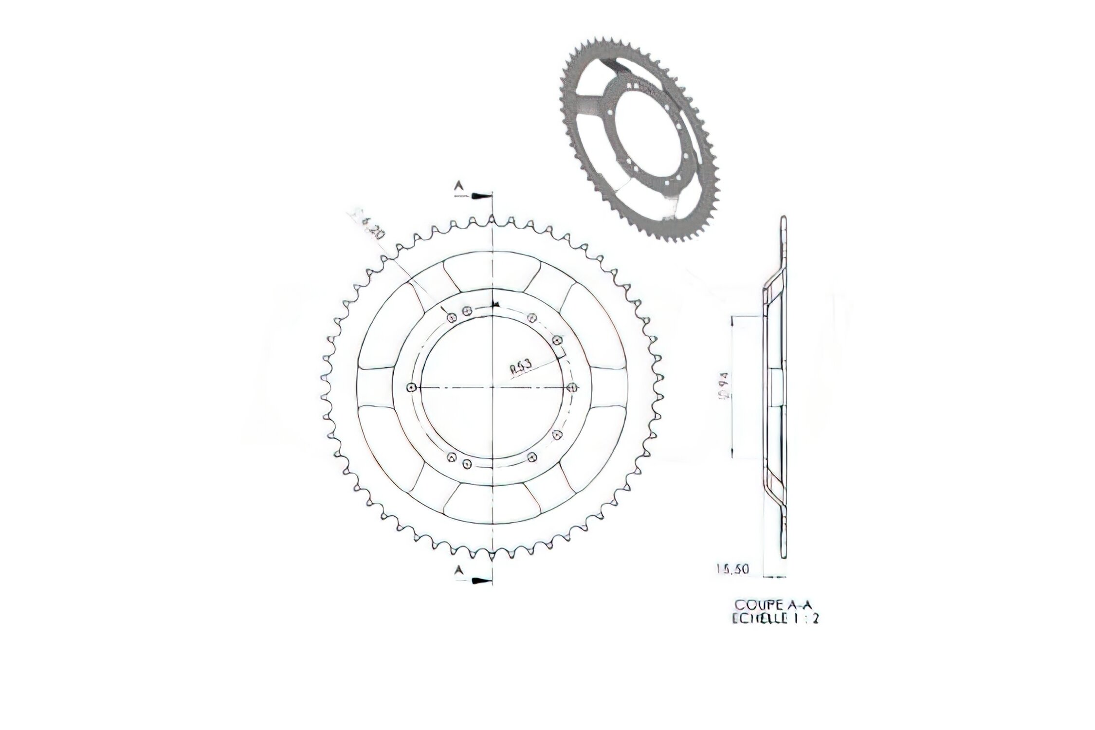 Couronne BTS 54 dents Peugeot 103 SP / MVL (jante tole d.94mm)