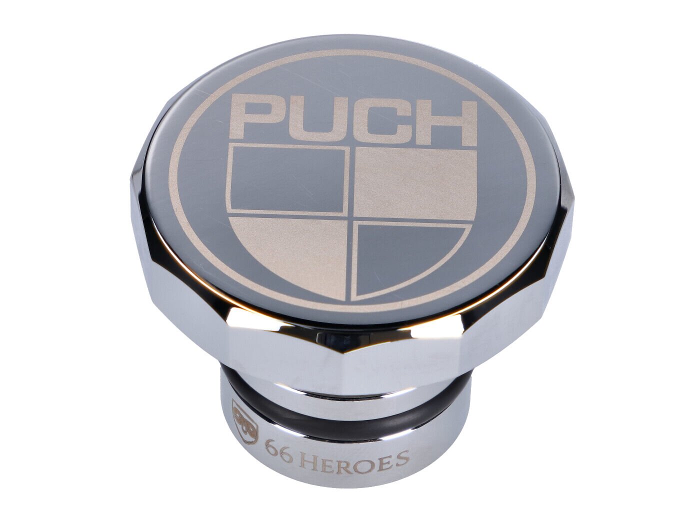 Bouchon de réservoir 66Heroes alu chromé avec logo Puch pour Puch Maxi