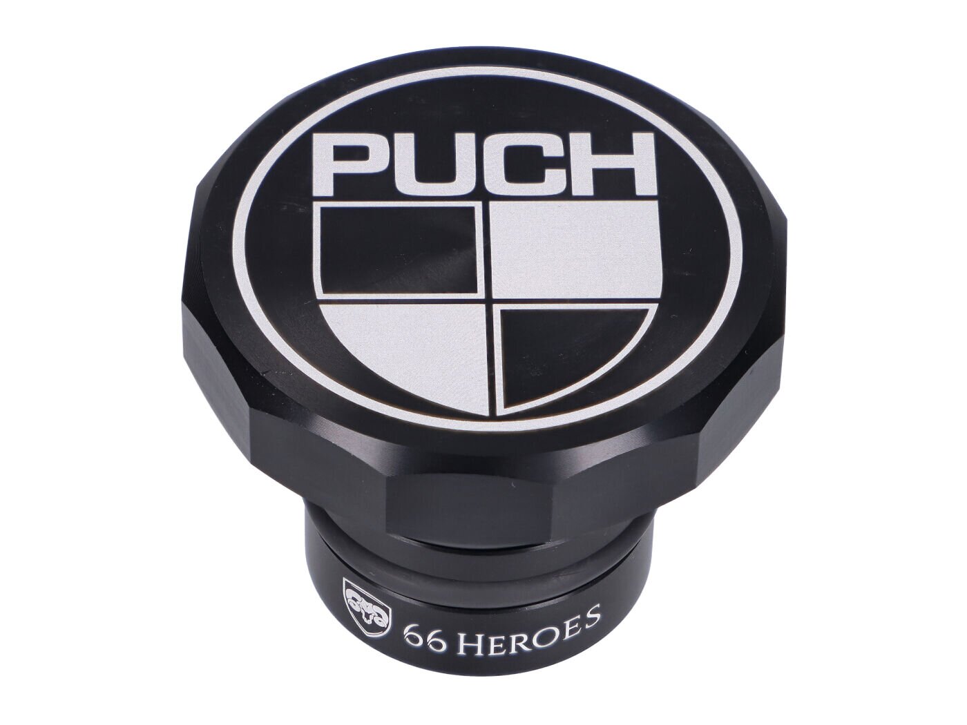 Bouchon de réservoir 66Heroes alu noir avec logo Puch pour Puch Maxi