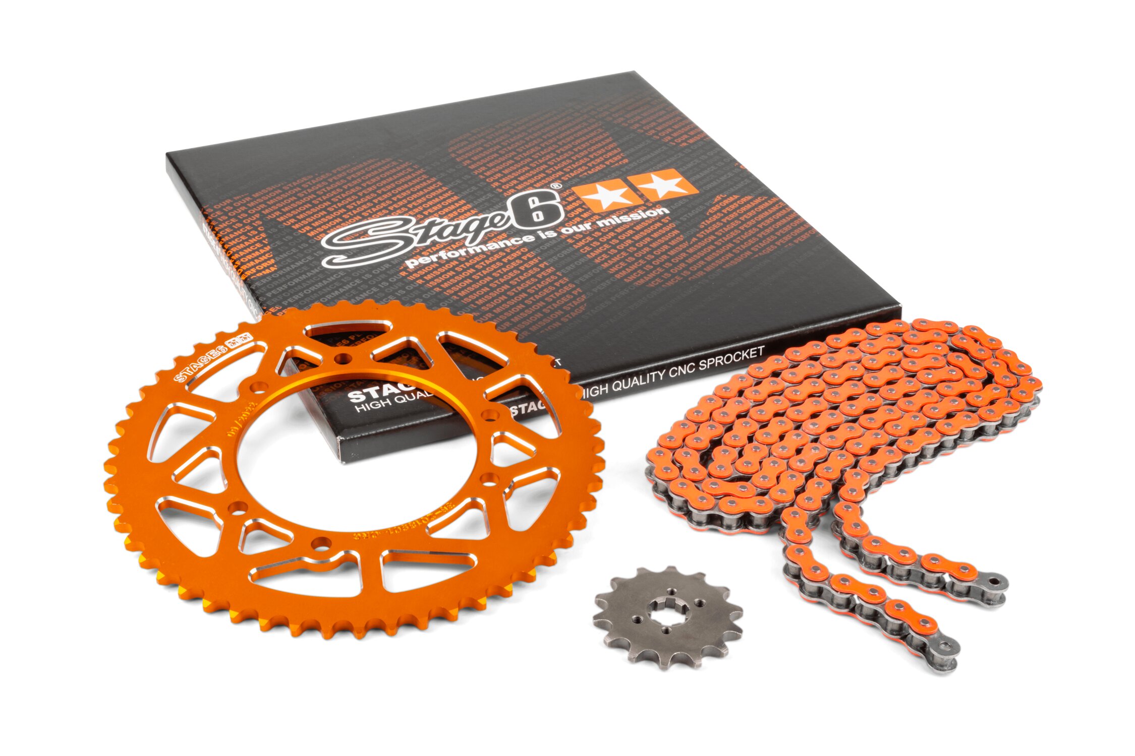 Kit chaîne 14x53 - 420 Stage6 alu CNC Orange Derbi Senda X-treme