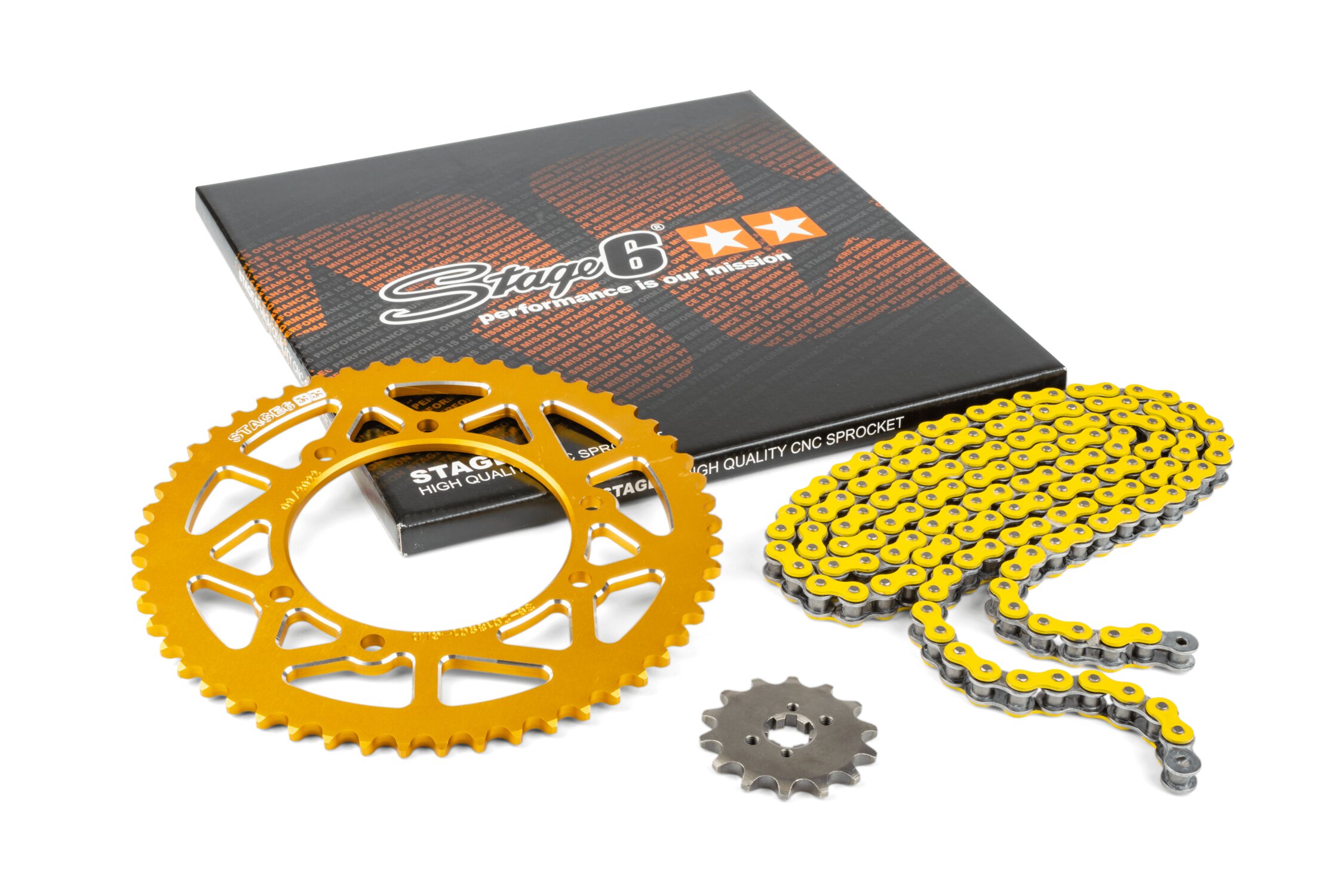 Kit chaîne 13x53 - 420 Stage6 alu CNC Jaune Derbi Senda X-treme