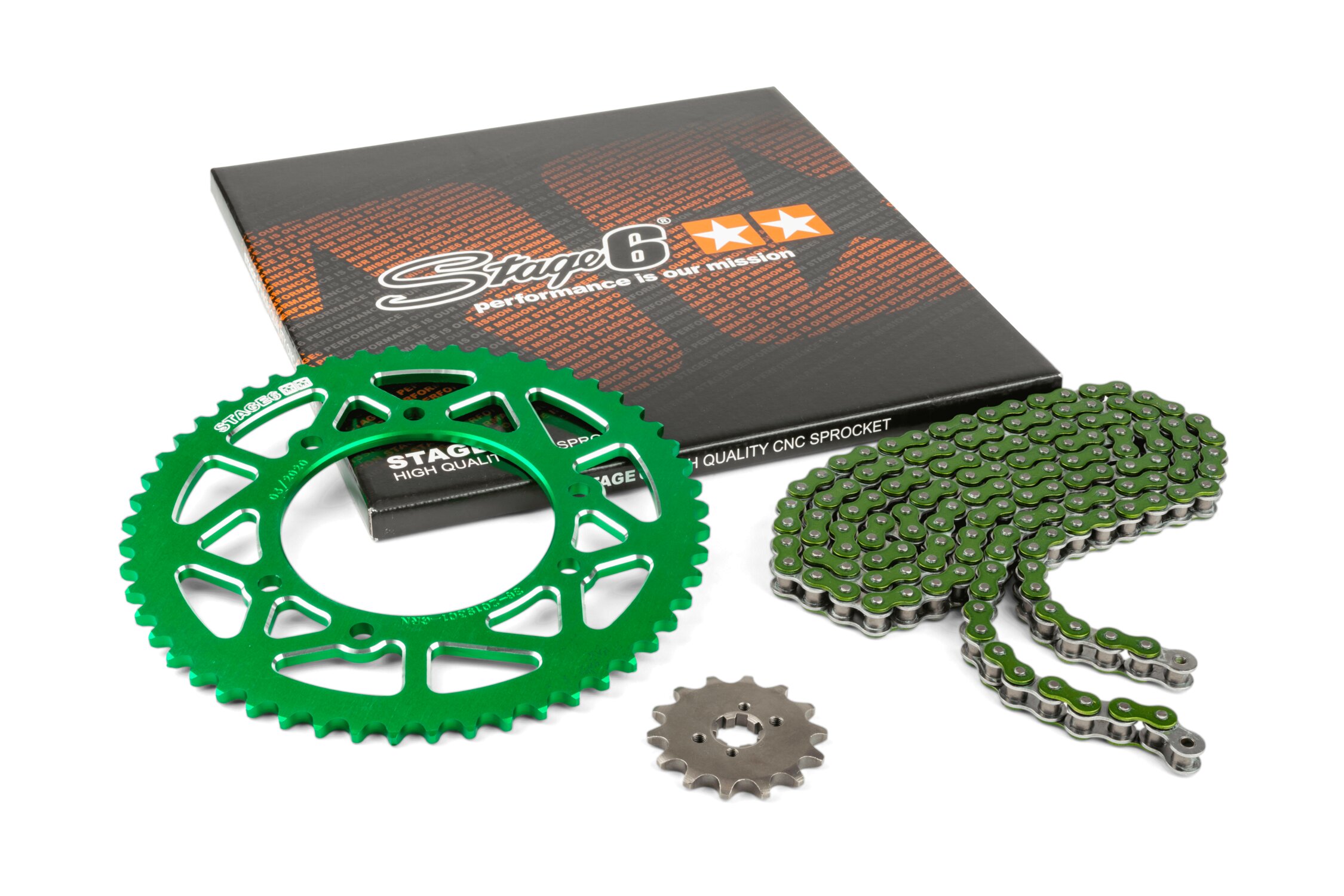 Kit chaîne 13x53 - 420 Stage6 alu CNC Vert Derbi Senda X-treme